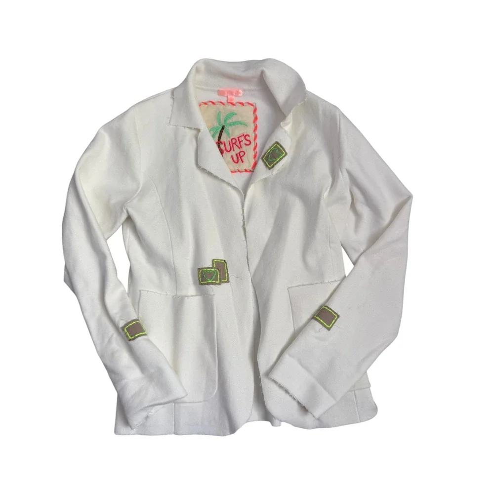 Lisa Todd Summer Blazin White Knit Blazer Cotton Stretch Embroidered Patch Small